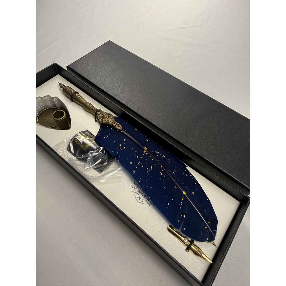 Vintage Design Feather Quill Pen Ink Set Navy Blue Gold Speckle Calligraphy Kit